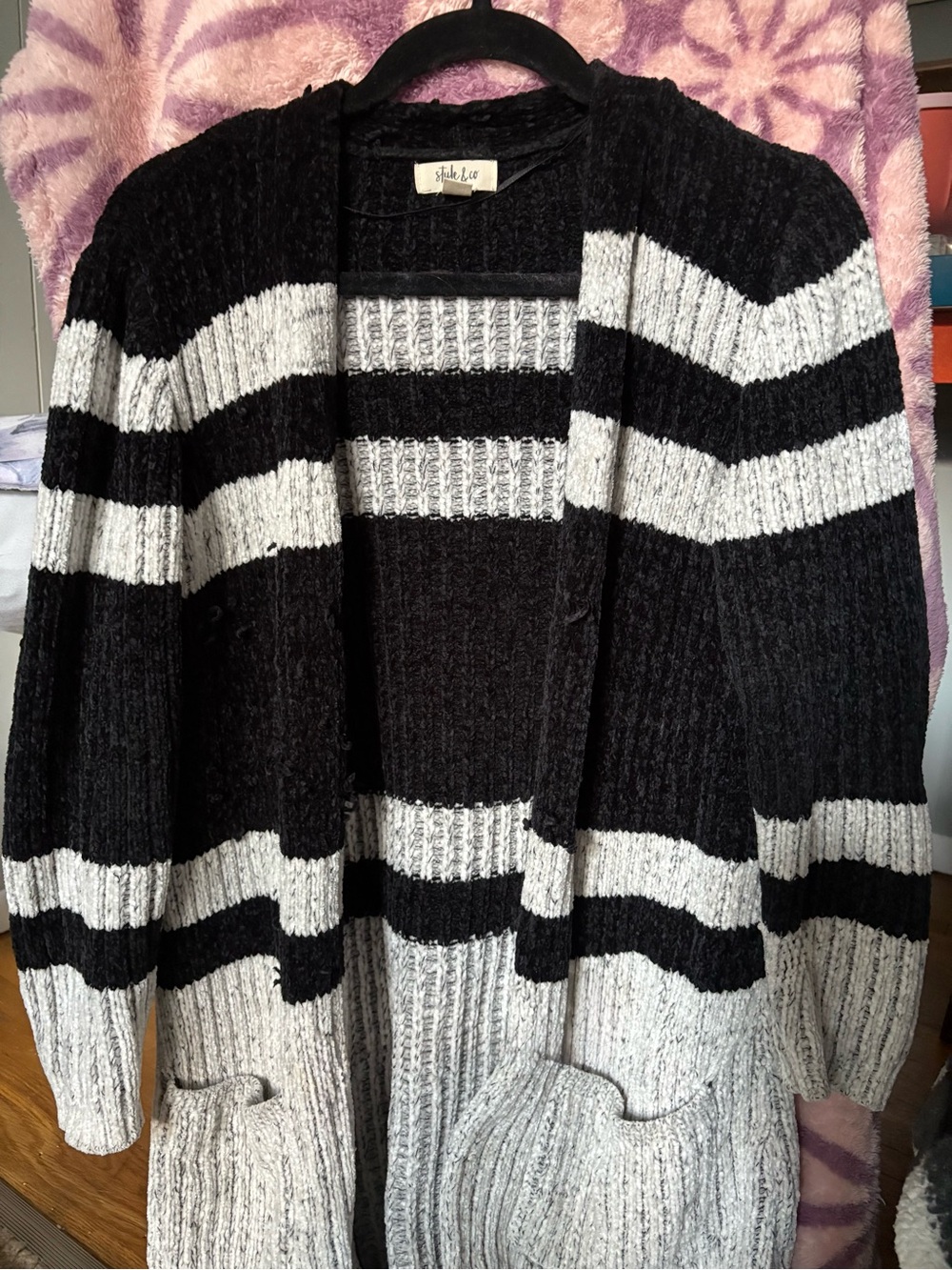 Black and White Striped Open-Front Cardigan